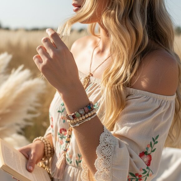 🆕️Bracelet with 7 Natural Gemstones Handcrafted Multi-Colored Crystal Rock Cuff - Picture 10 of 13